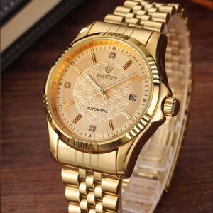 1pc Men Gold Alloy Strap Glamorous Rhinestone Decor Automatic Watch